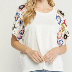 Entro Crochet Short Sleeve Top Shirt - White - Small